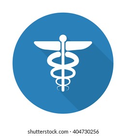 Flat white Medical Symbol web icon with long drop shadow on blue circle