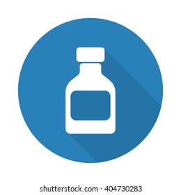 Flat white Medicine Bottle web icon with long drop shadow on blue circle