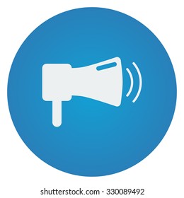 Flat white Megaphone icon on blue circle
