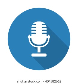 Flat white Microphone web icon with long drop shadow on blue circle