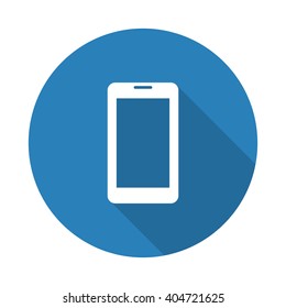 Flat white Mobile Phone web icon with long drop shadow on blue circle