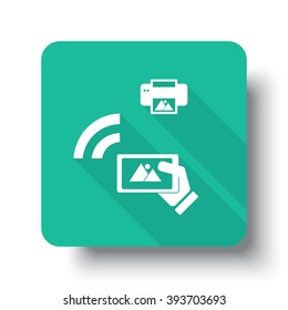 Flat white Mobile Photo Printing web icon on green button with drop shadow