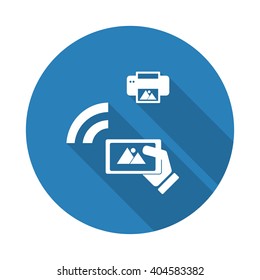 Flat white Mobile Photo Printing web icon with long drop shadow on blue circle