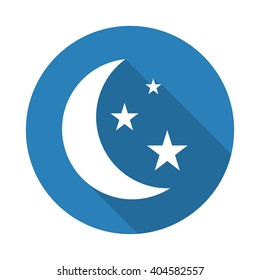 Flat white Moon And Stars web icon with long drop shadow on blue circle
