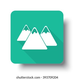 Flat white Mountain web icon on green button with drop shadow