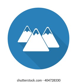 Flat white Mountain web icon with long drop shadow on blue circle