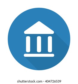 Flat white Museum web icon with long drop shadow on blue circle