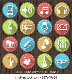 Flat White Music Contemporary Icons on Wood Vintage Circular Buttons on Black Background 1.