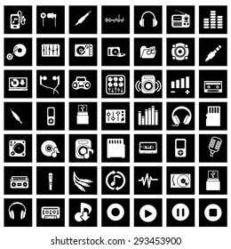 flat white music icons on black square