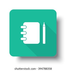 Flat white Note Book web icon on green button with drop shadow