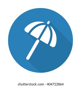 Flat white Parasol web icon with long drop shadow on blue circle