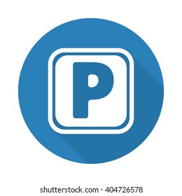 Flat white Parking web icon with long drop shadow on blue circle