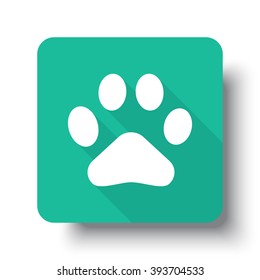 Flat white Paw Print web icon on green button with drop shadow