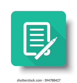 Flat white Pen And Paper web icon on green button with drop shadow