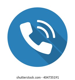 Flat white Phone web icon with long drop shadow on blue circle