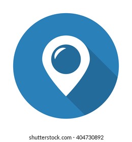 Flat white Place web icon with long drop shadow on blue circle