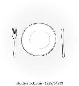 flat white plate with fork and knife, restaurant symbol.vector illustration.