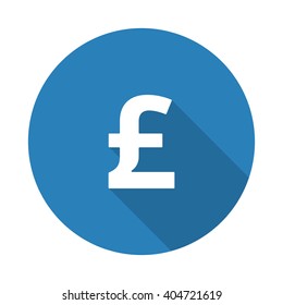 Flat white Pound web icon with long drop shadow on blue circle