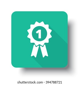 Flat white Prize Ribbon web icon on green button with drop shadow