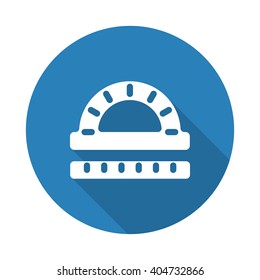 Flat white Protractor Ruler web icon with long drop shadow on blue circle