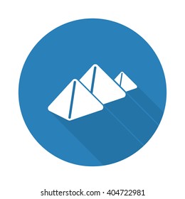 Flat white Pyramids web icon with long drop shadow on blue circle