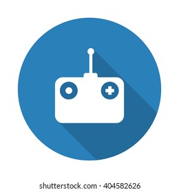 Flat white Radio Control web icon with long drop shadow on blue circle