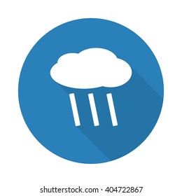 Flat white Rain web icon with long drop shadow on blue circle