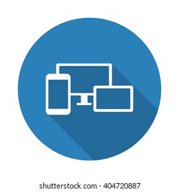 Flat white Responsive Media Design web icon with long drop shadow on blue circle