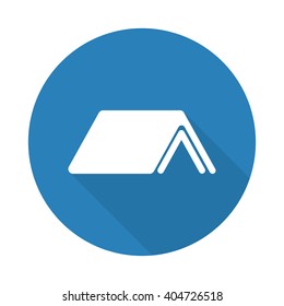 Flat white Roof web icon with long drop shadow on blue circle