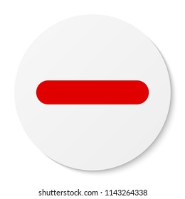 Flat white round sticker minus sign icon, button. Negative symbol isolated on white background.