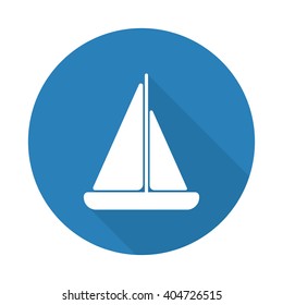 Flat white Sailboat web icon with long drop shadow on blue circle