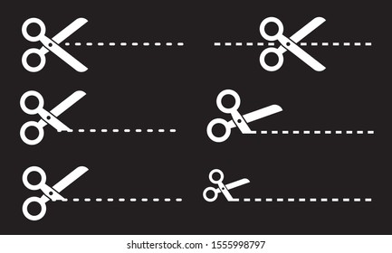Flat white scissors and dotted or dashed perforation line icon isolated on black background