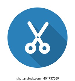 Flat white Scissors web icon with long drop shadow on blue circle