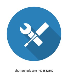 Flat white Service web icon with long drop shadow on blue circle