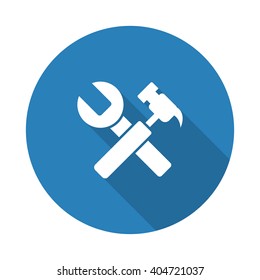Flat white Service web icon with long drop shadow on blue circle