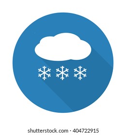 Flat white Snow web icon with long drop shadow on blue circle