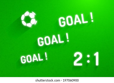 Flat white soccer ball flying through the green field background with Goal text and total score. Sports banner design vector template