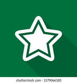 Flat white star icon with a long shadow on a green background.