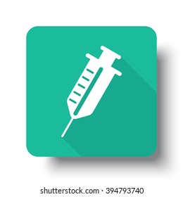 Flat white Syringe web icon on green button with drop shadow