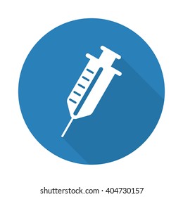Flat white Syringe web icon with long drop shadow on blue circle