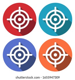 Flat white Target web icon with long drop shadow on colours circles