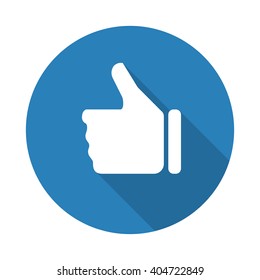 Flat white Thumb Up web icon with long drop shadow on blue circle