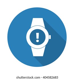 Flat white Time Alert web icon with long drop shadow on blue circle