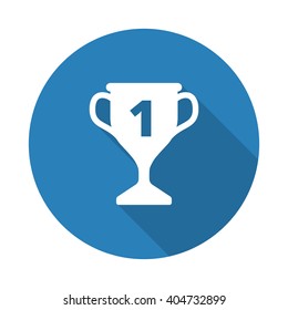 Flat white Trophy web icon with long drop shadow on blue circle