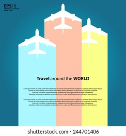 Flat white vector planes with colored lines on blue background