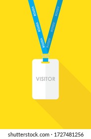Flat weiße Visitenkarte, die an einem blauen Lanyard hängt, auf einem gelben Hintergrund