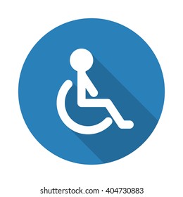 Flat white Wheel Chair web icon with long drop shadow on blue circle