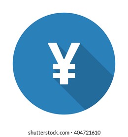 Flat white Yen web icon with long drop shadow on blue circle