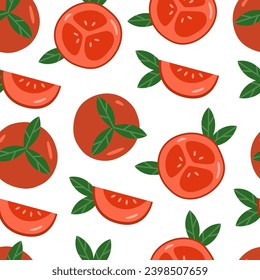 Flat whole and slice of tomato seamless pattern