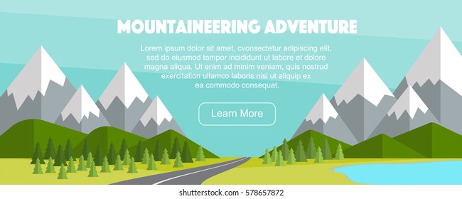 Flat wide landscape, vector illustration. Alps, fir trees, lake and road, mountaineering adventure concept.